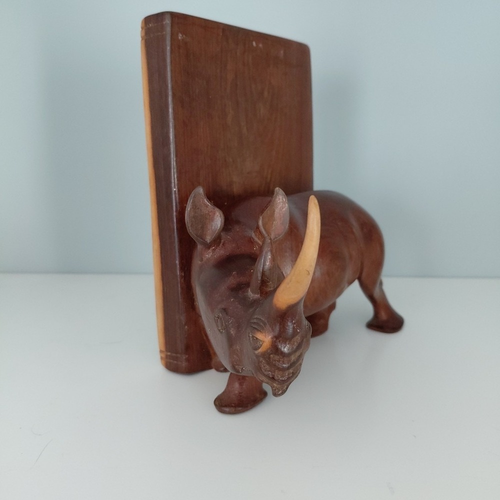 Vintage Hand Carved Natural Wood African RHINO Bookends Heavy Artist Detailed - Picture 9 of 16